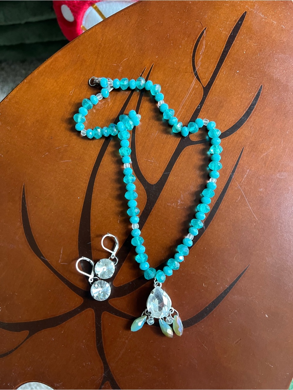Turquoise Beaded Necklace and Crystal Drop Earrings Set